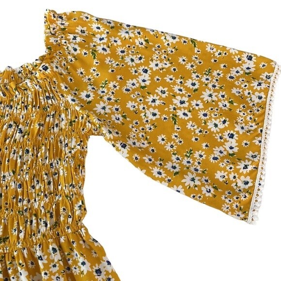 Chenault Fall Floral Smocked Square Neck Top Crochet Trim Wide Flare Sleeve Boho - Picture 11 of 15